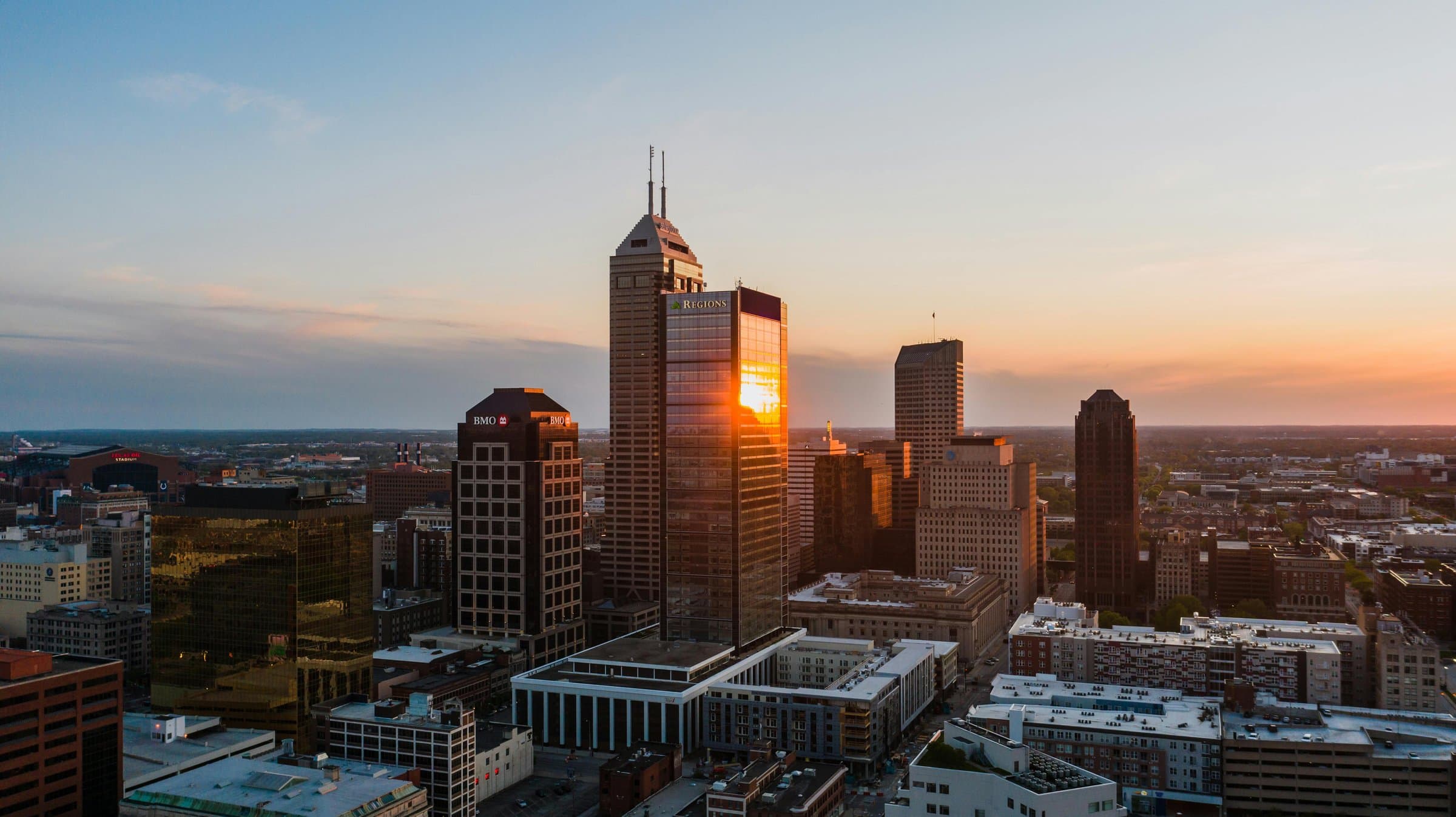 The downtown Indianapolis skyline at golden hour